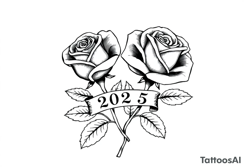 two beautiful large rose buds, one larger than the other, with many leaves next to the rose buds, with one sitting higher than the other. Include a banner connecting the two roses with the year "2025" on it.   Use dark outlines with little shading. The two stems should be short, not long, and connect and join into one stem, whimsically curved or twisted - not straight down. tattoo idea