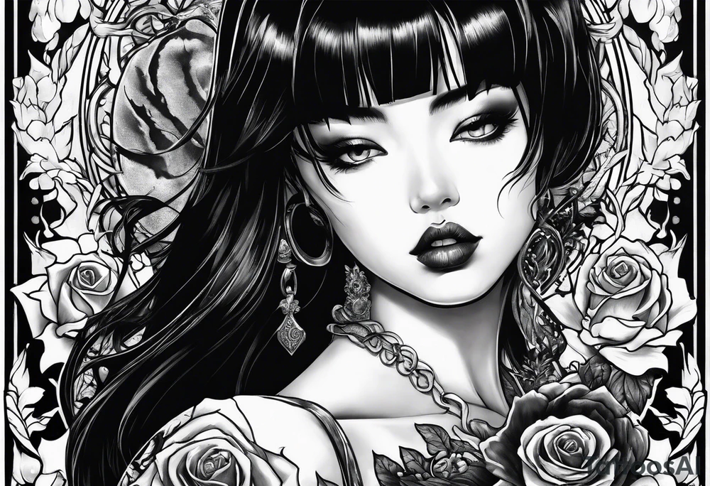 portrait of tomie in a horror scene tattoo idea