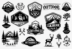 A logo for an outdoors company that includes an "S" and an "M". Includes a mountain, a lake, some trees, and a deer tattoo idea