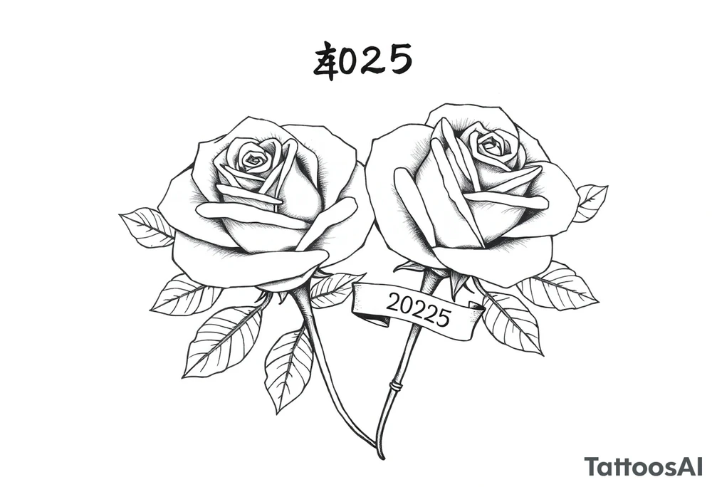 two beautiful rose buds, with many leaves and stems intertwined, representing two people in love. Include a small banner with "2025" on it.  The word "Rose" written in Kanji above the drawing.  Dark outlines tattoo idea
