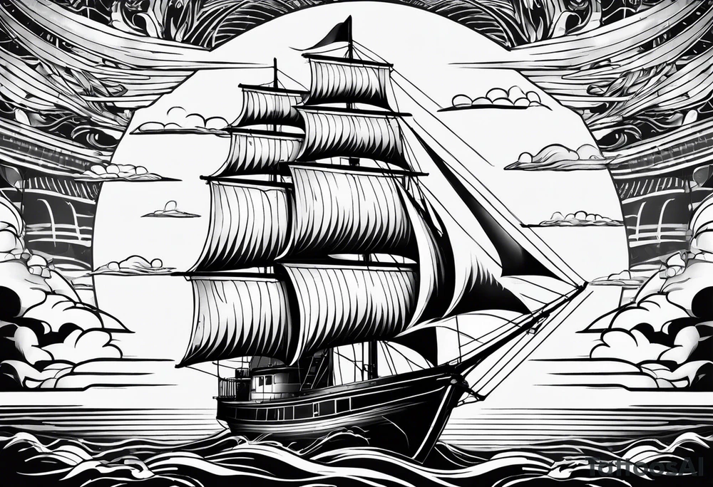 sailboat seen from the front. sail in the shape of a maritime lighthouse.phoenix drawn on the sail. tattoo idea