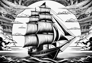 sailboat seen from the front. sail in the shape of a maritime lighthouse.phoenix drawn on the sail. tattoo idea