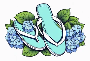 small tattoo of a single pastel blue flip flop surrounded by blue and periwinkle hydrangea flowers with green leaves tattoo idea