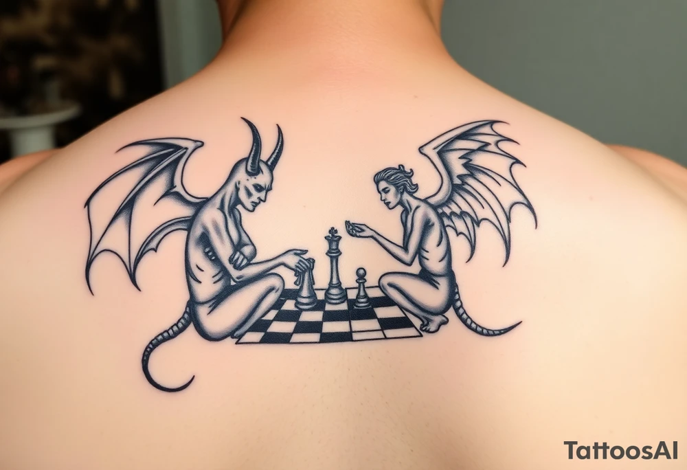 devil and angel playing chess in black and mainly just the outline. Make them seem like people and not animals tattoo idea