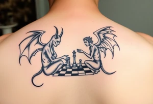 devil and angel playing chess in black and mainly just the outline. Make them seem like people and not animals tattoo idea