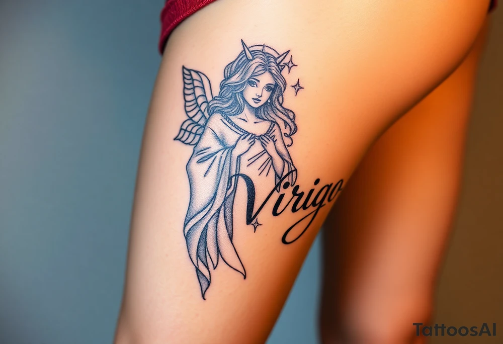 A celestial woman with glowing silver robe on her skin with word virgo tattoo idea
