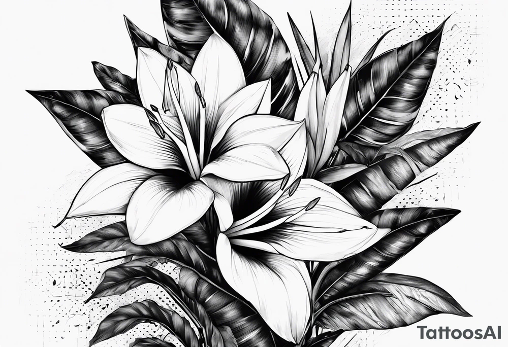 Une bouquet de fleurs : raphidophora heliconia et une vipère. Le tatouage a une forme de losange dont les contours sont adoucis par la forme des fleurs tattoo idea