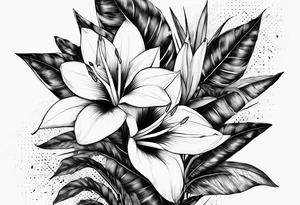 Une bouquet de fleurs : raphidophora heliconia et une vipère. Le tatouage a une forme de losange dont les contours sont adoucis par la forme des fleurs tattoo idea