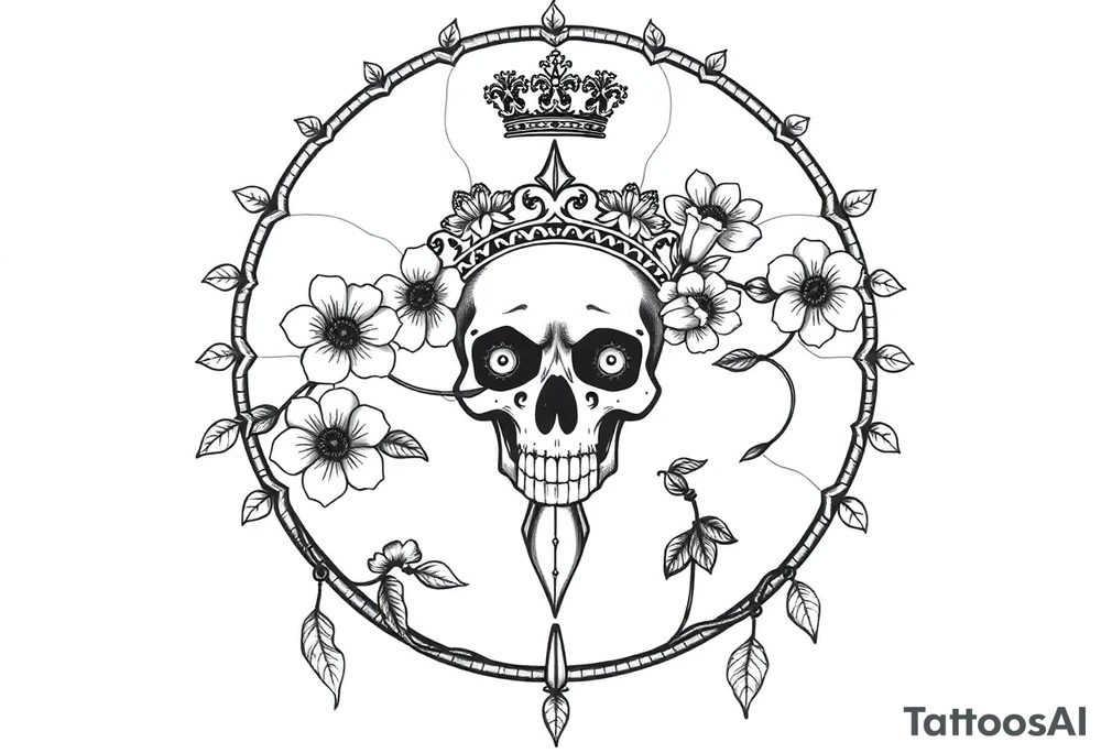 Mandala dream catcher with detailed beautiful gothic boho flowers on vine and skull with gorgeous crown tattoo idea