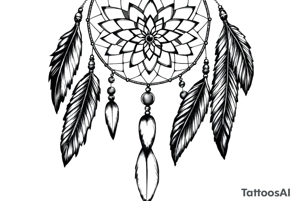 native dreamcatcher with flowing feathers and sacred beads tattoo idea