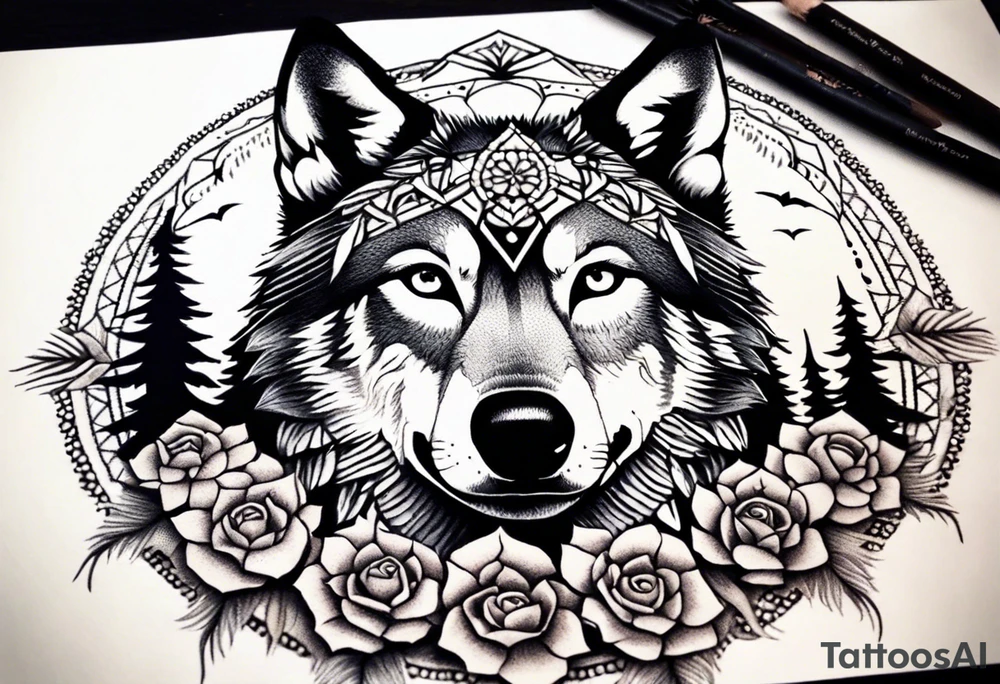 A whimsical wolf tattoo featuring mandala or dream catcher elements, with the wolf as the central focus, surrounded by mountains in the background. Include flowers and nature elements to fill the space around the wolf. Some color but not completely solid bold color tattoo idea
