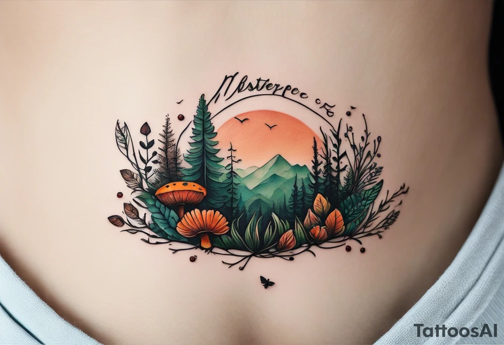 forest floor inspired minimalist tattoo, which includes grass, curly ferns, moss and dead leaves as the bulk of the tattoo. details to include: forest berries, a tiny bumblebee flying nearby, three small brown mushrooms
Generate a vertically long one tattoo idea