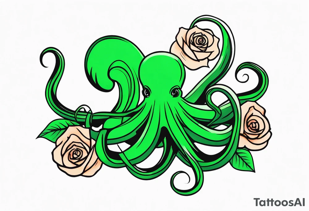 Electric octopus peaceful green roses tattoo idea