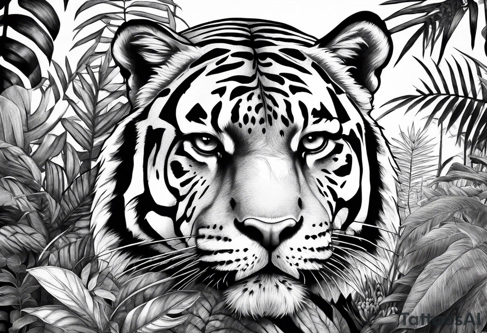 Calm strong tiger in the jungle and with jaguar in in a tree above tattoo idea