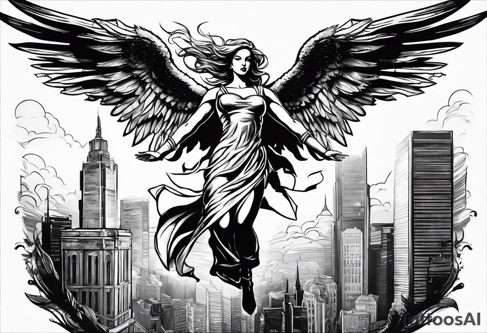 Angel in the pose of a superhero landing tattoo idea
