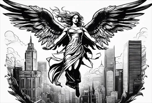 Angel in the pose of a superhero landing tattoo idea