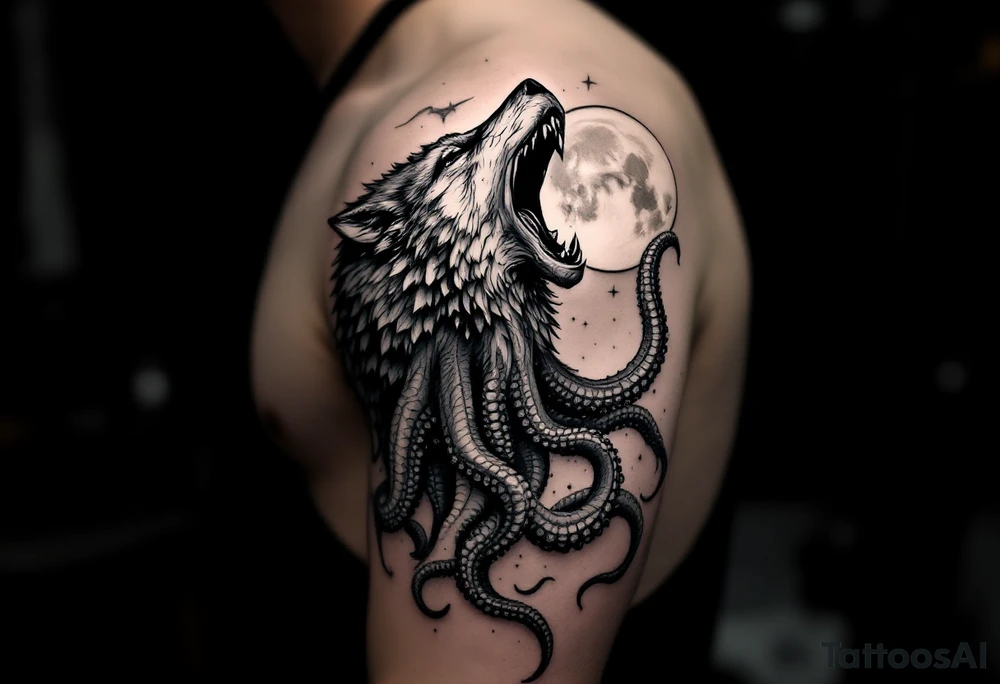 A powerful and surreal wolf octopus howling at the moon in the arm tattoo idea