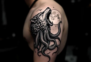 A powerful and surreal wolf octopus howling at the moon in the arm tattoo idea