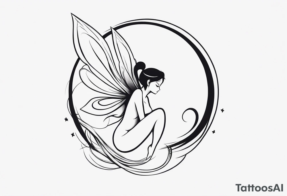 Minimalistic, monochromatic fairy with a tail flying to the left in a fetal position, leaning and looking in the same direction, with visible hands, embodying the 'Fairy Tail' logo aesthetic. tattoo idea