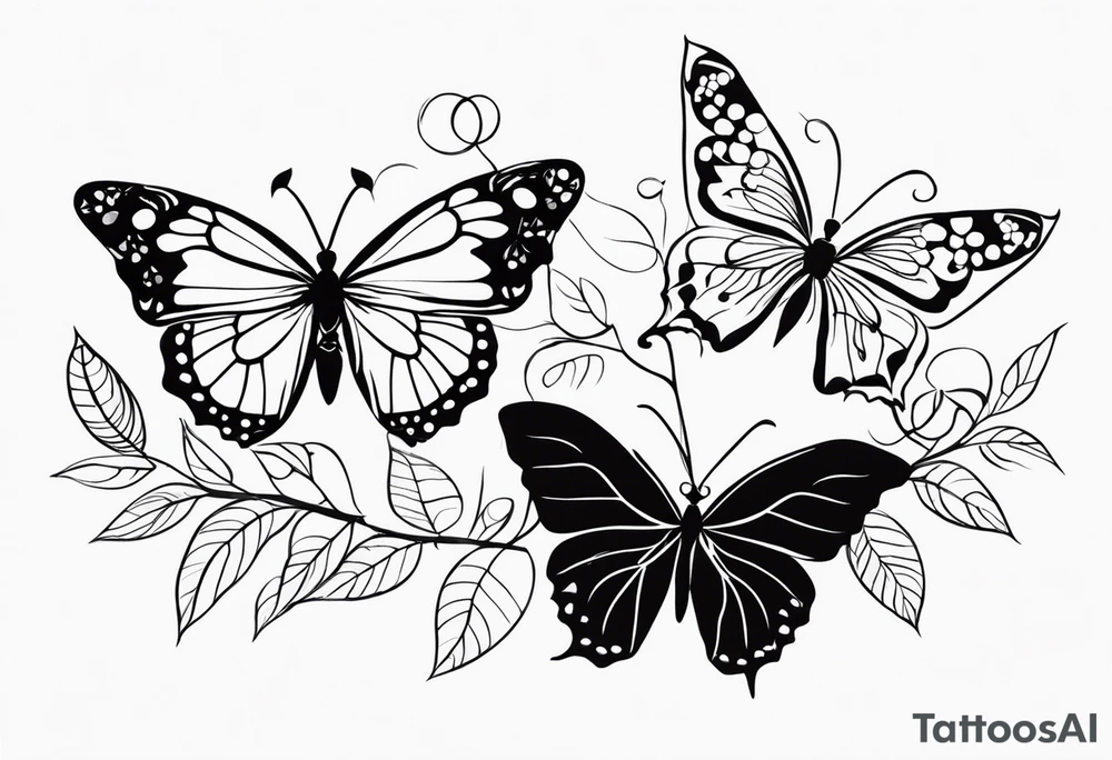 vine with the birth flowers of february, july, oct , may ,december , and september and three butterflies tattoo idea