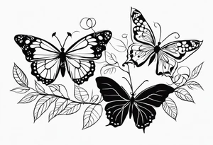 vine with the birth flowers of february, july, oct , may ,december , and september and three butterflies tattoo idea