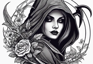 cute feminine grim reaper with scythe and nightshade tattoo idea