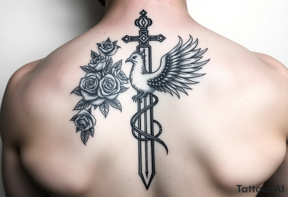 Cross sword darkened in with roses pearls and a phoenix rising from the ashes feminine the phoenix is not the main attraction the cross is on tricept tattoo idea