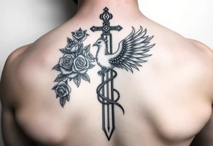 Cross sword darkened in with roses pearls and a phoenix rising from the ashes feminine the phoenix is not the main attraction the cross is on tricept tattoo idea