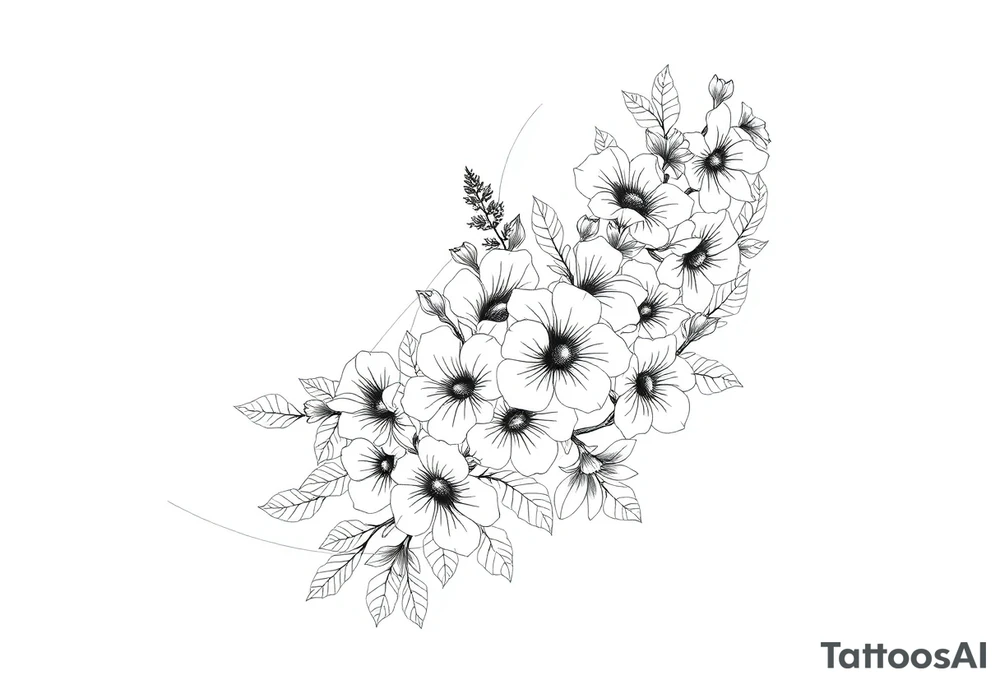 Full sleeve tattoo design of larkspur and hawthorn flowers, highly detailed line art, black ink, elegant botanical style, intertwined composition, no shading, no human mock-up, clean stencil style suitable for tattooing, fit fully within boundaries. LINE ART ONLY, REMOVE HUMAN, NO SKIN tattoo idea