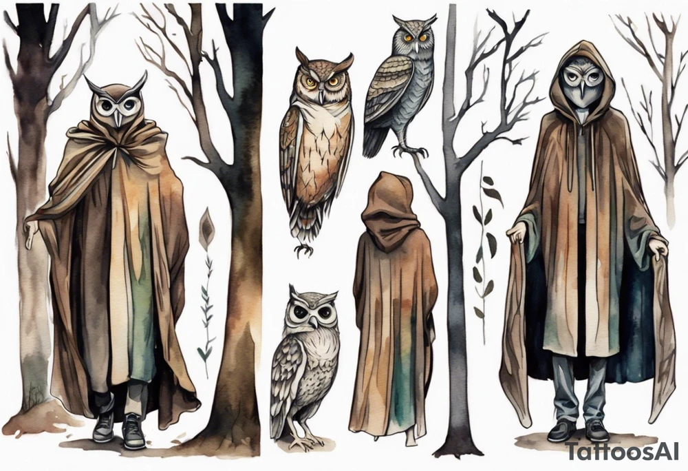a tall thin man in a cloak wearing an owl mask walking in a forest tattoo idea