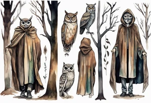 a tall thin man in a cloak wearing an owl mask walking in a forest tattoo idea