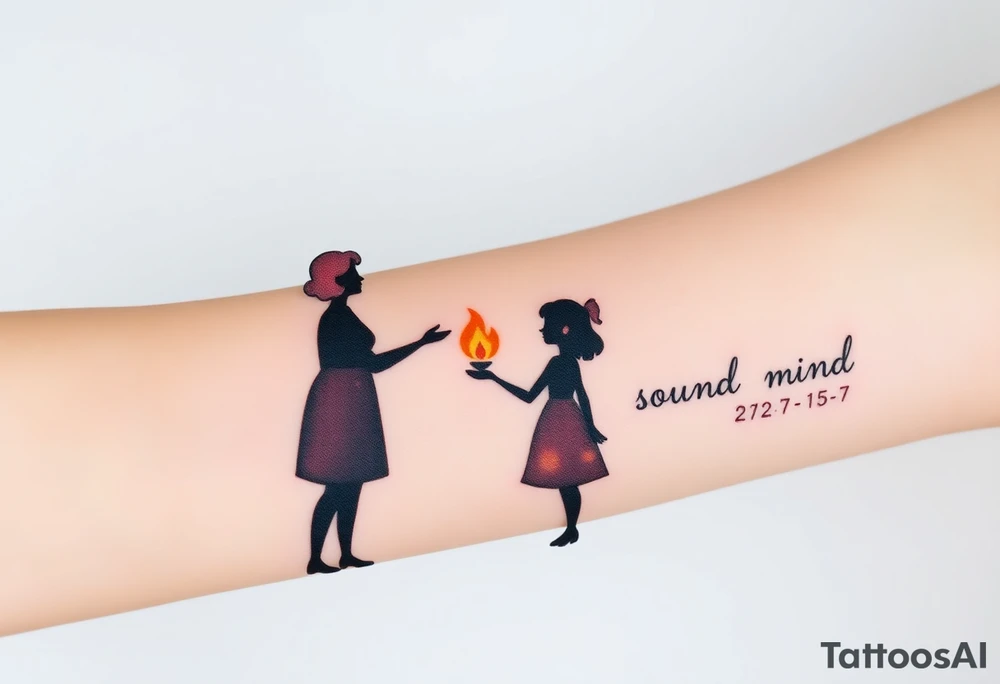 Silhouette of grandmother, mother and daughter passing a flame from oldest to youngest with the flame growing as it goes. Make the flame in watercolor motif and the silhouettes simple. Incorporate the words power, love and sound mind. Or 2 Timothy: 5-7 tattoo idea