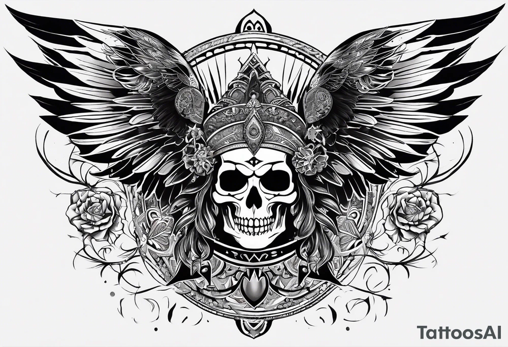 black kali, goddess pirate, alien, angel, pachamama, valkrye, warrior, flying, skull, lotus azul, wing, eagle, zenza resonance, stars, 5D, anahata chakra, death tattoo idea