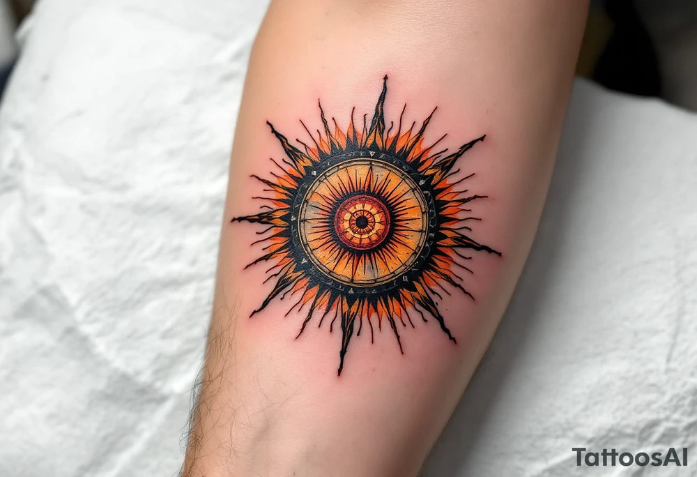 Slavic Sun Wheel – A radiant wheel in fiery tones of orange and red, with radial rays edged in black, backed by cracked stone or parchment. tattoo idea