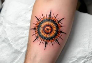 Slavic Sun Wheel – A radiant wheel in fiery tones of orange and red, with radial rays edged in black, backed by cracked stone or parchment. tattoo idea