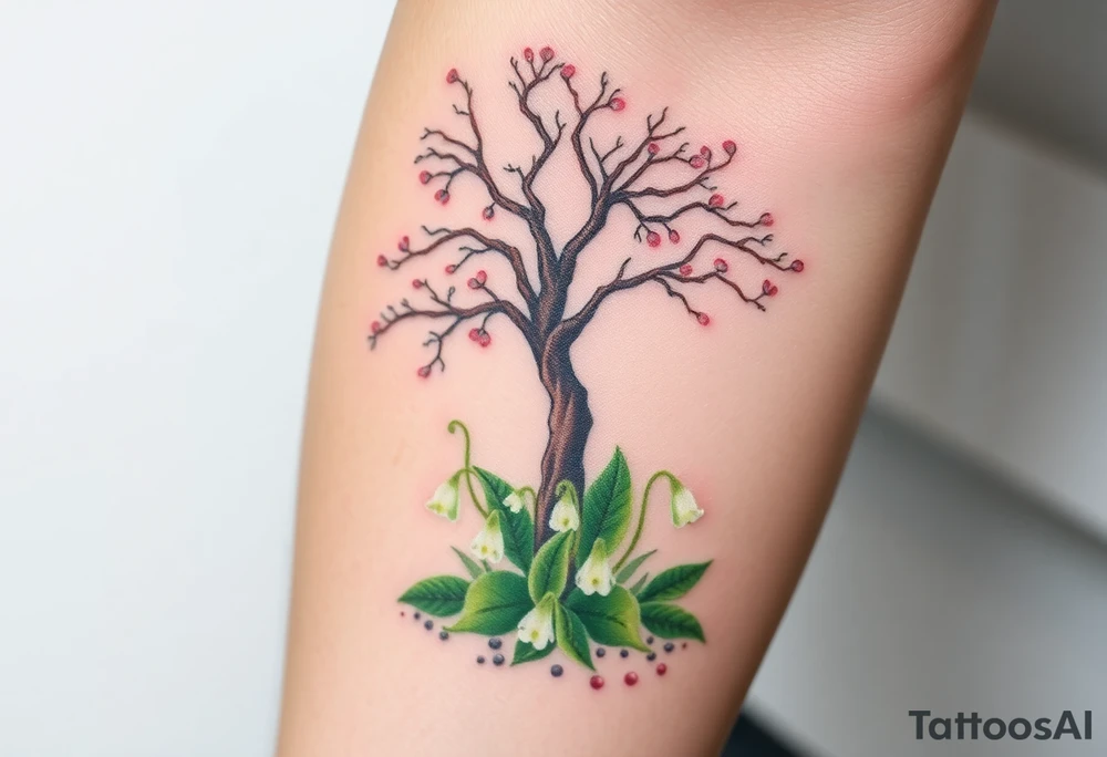 Lilly of the vally plants underneath a blooming hawthorn tree with other plants on ground tattoo idea