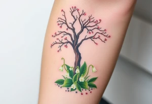 Lilly of the vally plants underneath a blooming hawthorn tree with other plants on ground tattoo idea