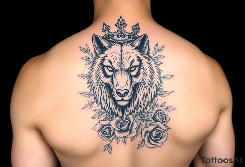 Intense and majestic wolf with crown, surrounded by floral ornaments and roses tattoo idea