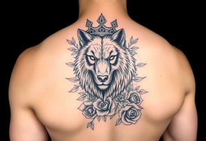 Intense and majestic wolf with crown, surrounded by floral ornaments and roses tattoo idea