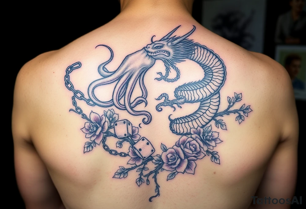 Squid and dragon combined with chains, tree roots, cherry blossoms and roses rolling dice tattoo idea