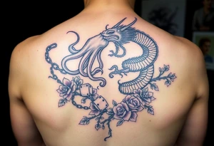 Squid and dragon combined with chains, tree roots, cherry blossoms and roses rolling dice tattoo idea
