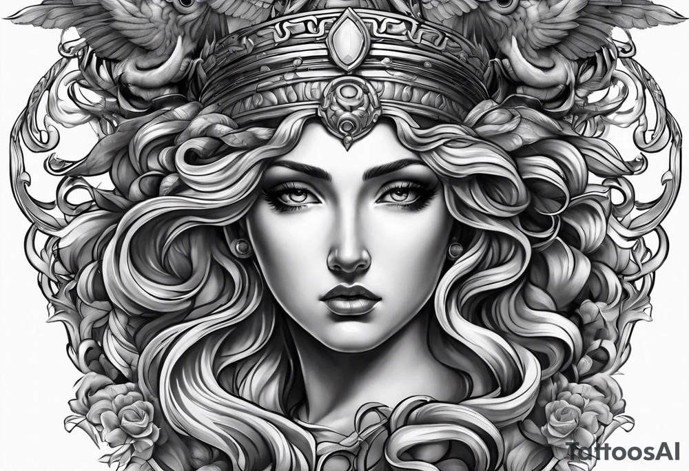 Athena sad looking up at medusa tattoo idea