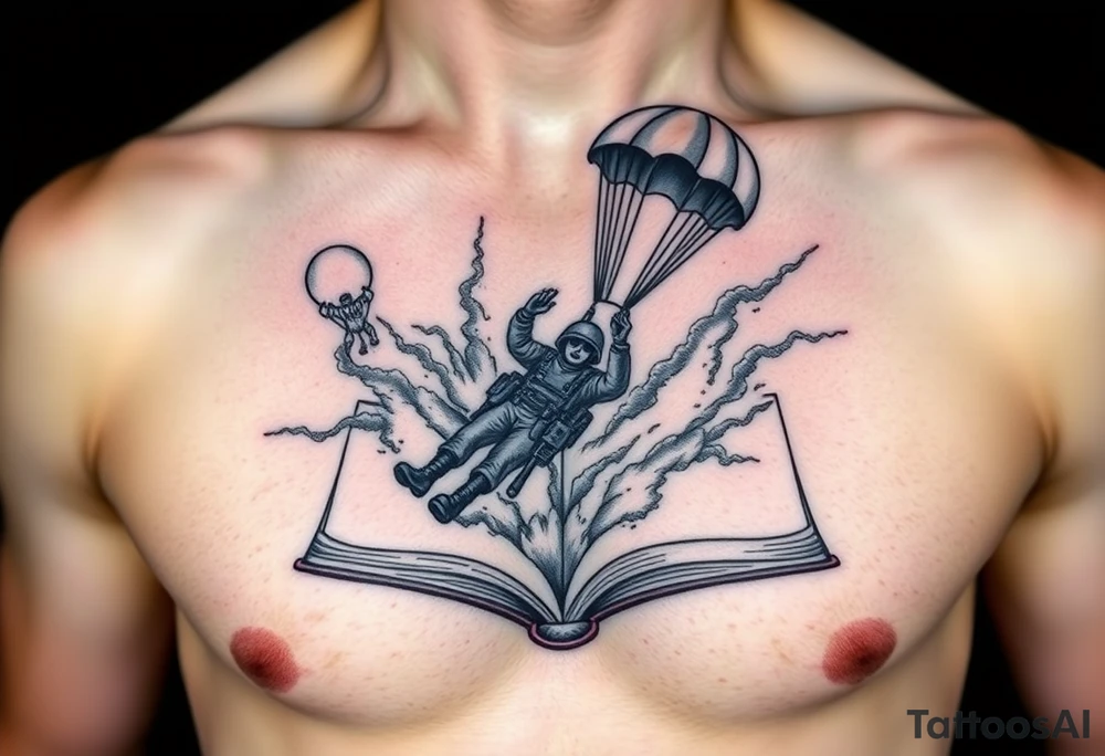 A parachuting soldier falling into an open book. Chaos surrounding, but the book is protecting the soldier from it. On the chest. Make the tattoo smaller. Make it thought provoking. Make the chaos in the environment be an eerie mist. Make the pages in the book be blank. Just one soldier, no other characters. the book is old. tattoo idea