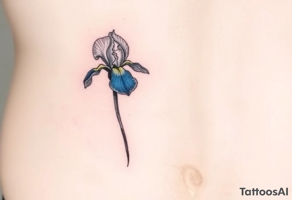 Single blue iris flower in the style of Van Gogh. One petal falling and one upright. Tattoo is to be on abdomen. tattoo idea