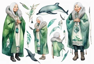 a 45-year-old Inuit woman with white  hair wearing a white and green cloak with a large narwhal tattoo idea