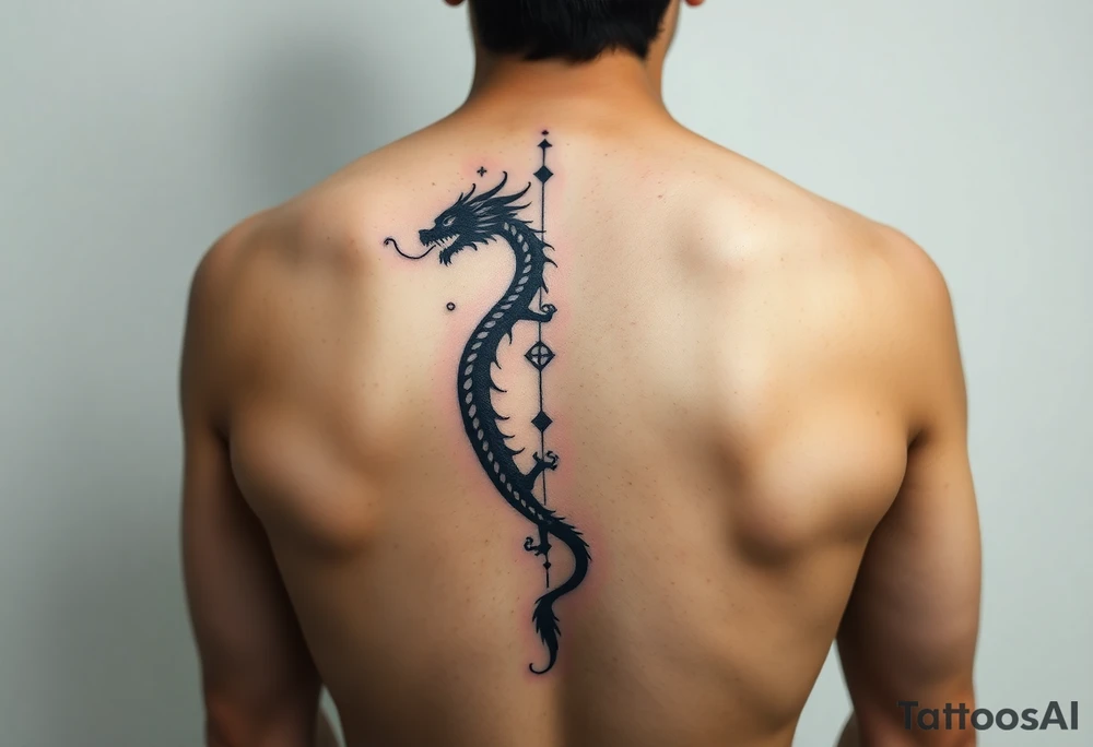 A vertical back tattoo featuring a minimalist, ink-brush style dragon, flowing down the spine like smoke or calligraphy. The dragon is abstract and dynamic, with soft, fluid black strokes. incorporating Amazigh (Berber) symbols for strength, freedom, and identity. The design should reflect themes of transformation, grounding, and soul direction, resonating with a journey of inner rebirth and spiritual embodiment. Style: fine linework, sacred geometry, tribal influence, and dotwork. Ink: black or dark brown. tattoo idea