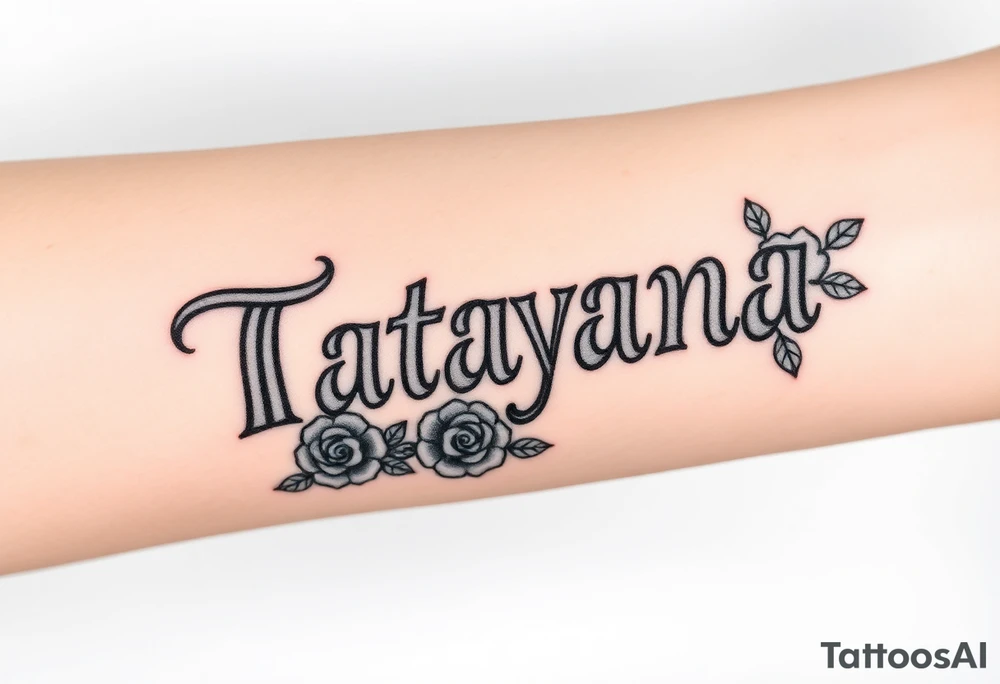 Tatayana name tattoo for a father using old English lettering and roses that starts reading from the wrist to the elbow tattoo idea
