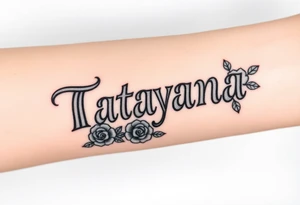 Tatayana name tattoo for a father using old English lettering and roses that starts reading from the wrist to the elbow tattoo idea
