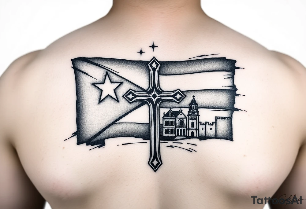puerto rican flag , cross, old san juan in the background tattoo idea