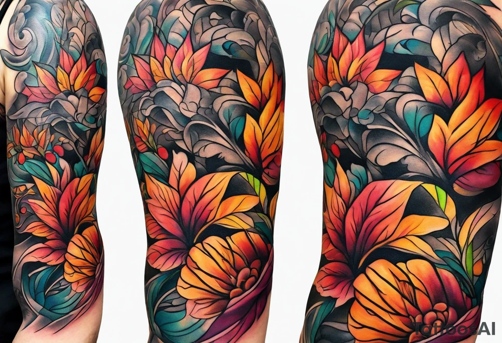 Arm Sleeve Tattoo with fall colors flat tattoo idea